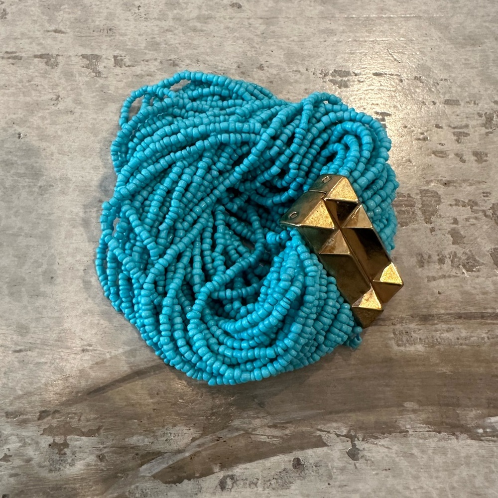 BCBG Turquoise Seed Bead Multi-Strand Bracelet with Gold Tone Geometric Clasp